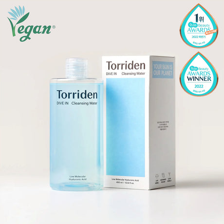 Torriden DIVE-IN Hyaluronic Acid Cleansing Water pakkaus ja palkinnot