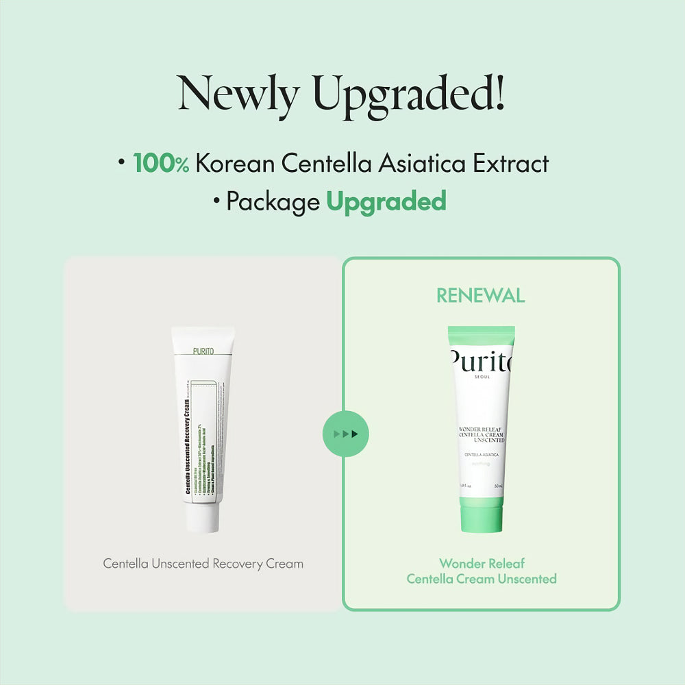 Purito Seoul Wonder Releaf Centella Cream Unscented uudistunut nimi ja pakkaus info